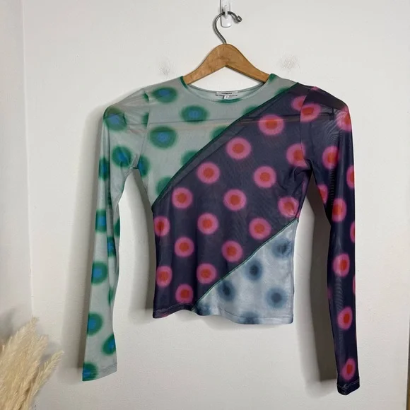 MIAOU Polka Dot PatchworkLong Sleeve Mesh Sheer T-shirt Sz S Y2K Bratz 2000’s - Picture 2 of 14